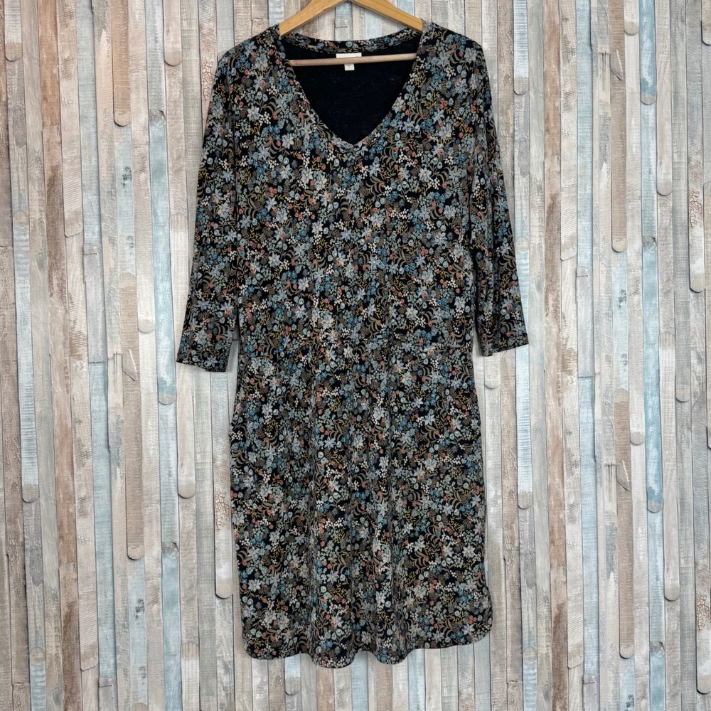 J. Jill L Floral V-Neck Jersey Knit Shift Dress Black Blue 3/4 Sleeve Pockets